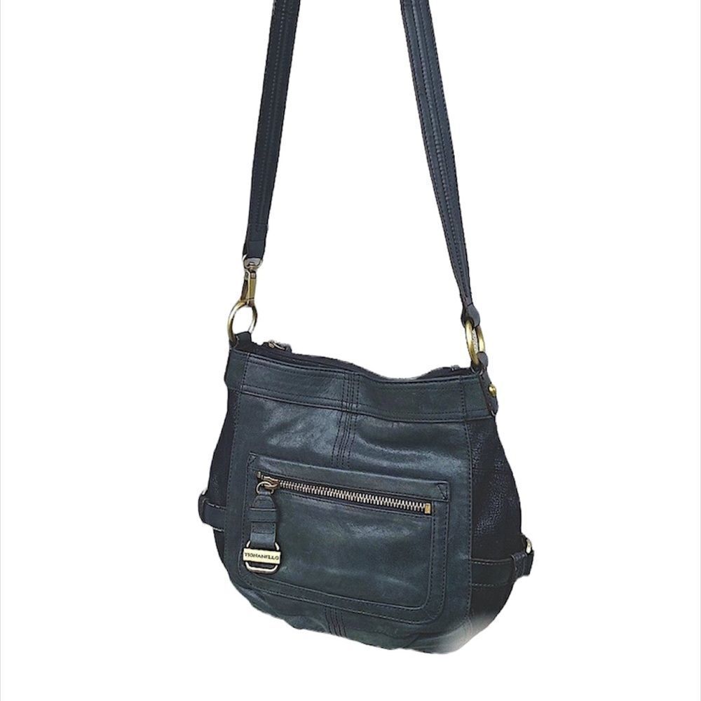 Tignanello Black Textured Genuine Leather Bag Crossbody Purse